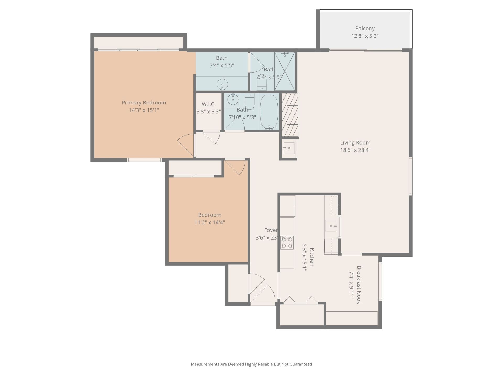 Floor plan of unit 305 — 2 bed, 2 bath, 1,328 sqft with private balcony